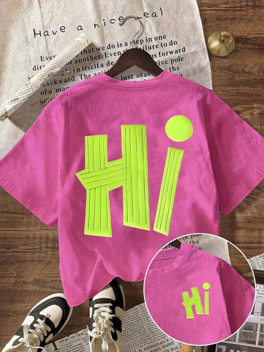 Kaos Wanita Lengan Pendek Kasual Serbaguna untuk Sehari-hari, Leher Bulat, Motif Huruf, Cocok untuk Musim Panas. - Hot Pink - View 1