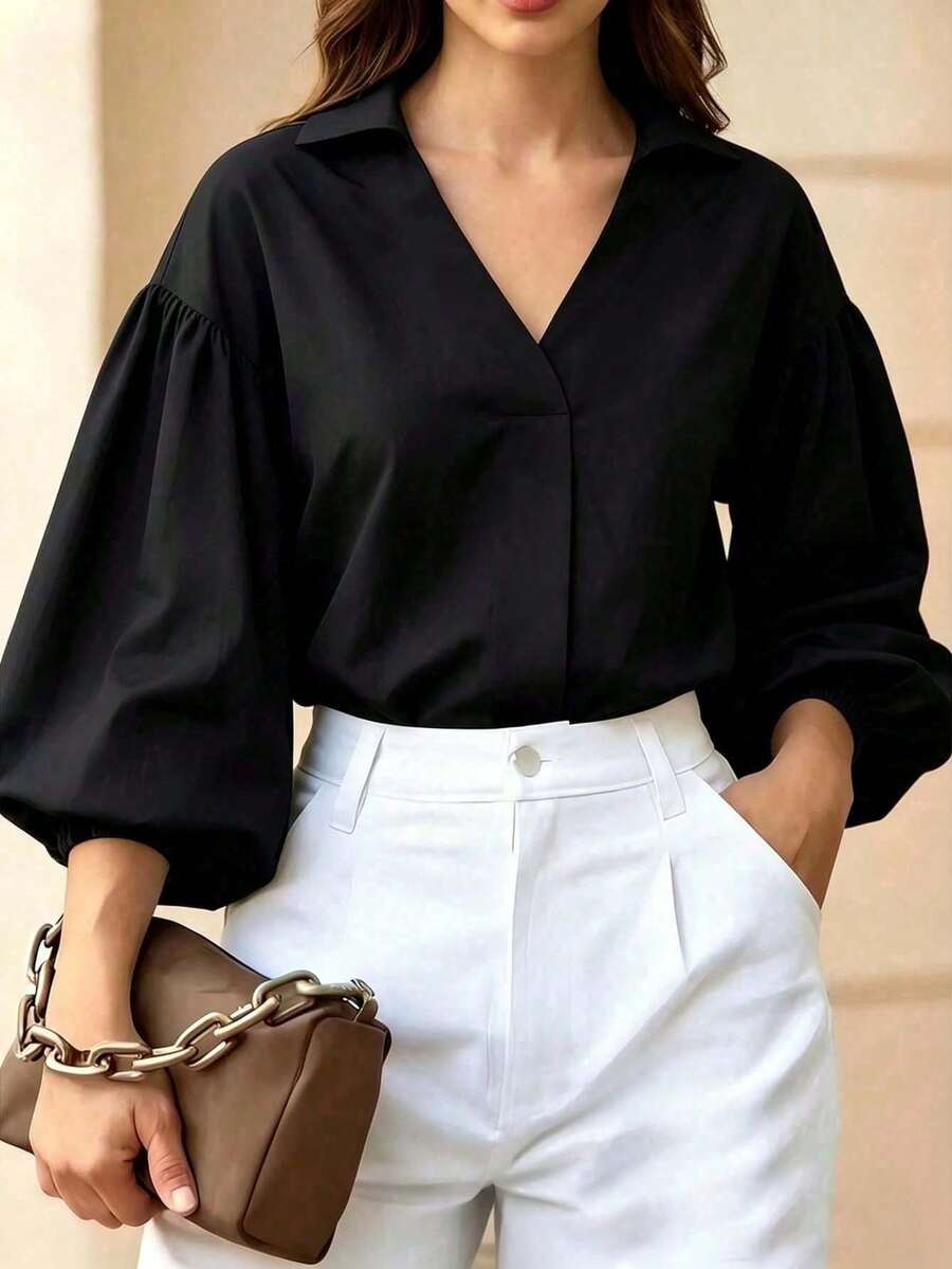Women's Elegant Lantern Sleeve Button V-Neck Blouse, Loose Fit Top For Autumn Black - Black - View 1