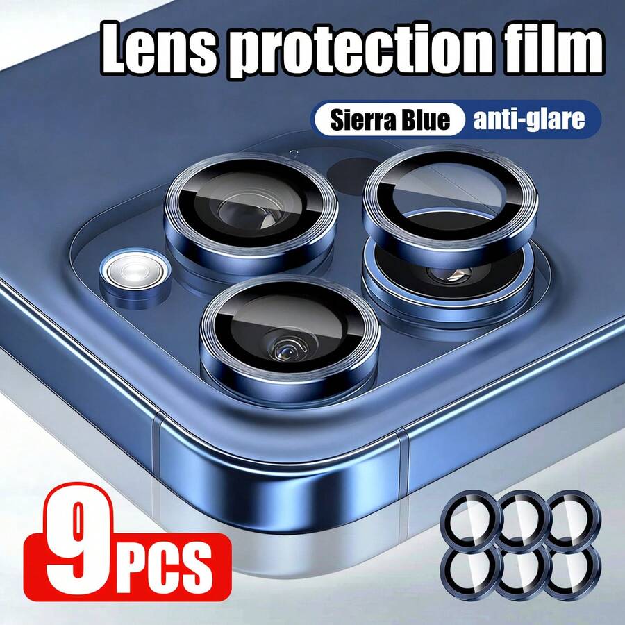Yezodawee 9 buah Pelindung Lensa Kamera Definisi Tinggi Bingkai Biru, Desain Anti Benturan, Cocok untuk Film Lensa Smartphone, Bahan Logam Paduan dengan Kaca Tempered Perlindungan Penuh, Pelindung Lensa, Aksesori Ponsel, Tahan Air, Tahan Guncangan, Anti Jatuh, Anti Gores, Anti Sidik Jari - Biru - View 1