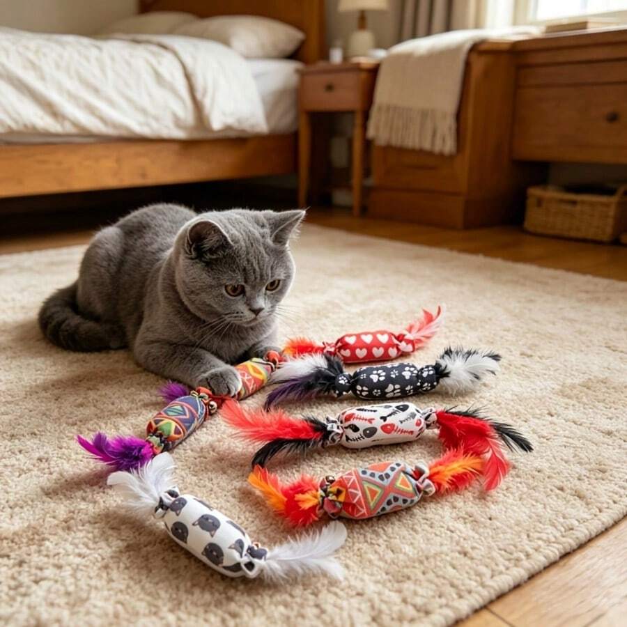 5pcs Random Color Candy-Shaped Cat Toys | Lollipop-Shaped Artificial Feather Polyester Fiber, With Rolling Function And Built-In Crinkle Paper - Interactive Chasing Toys For Kittens, Durable Canvas Material, No Batteries Required, Suitable For All Cat Types, Fun Design - Multicolor - View 1