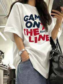 Women's Round Neck Short Sleeve T-Shirt, Summer New Fashion Star Pattern And Letter Print, Casual Versatile Loose Fit Top, White - White - View 1