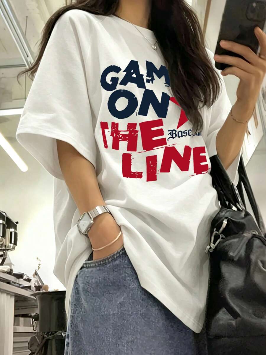 Women's Round Neck Short Sleeve T-Shirt, Summer New Fashion Star Pattern And Letter Print, Casual Versatile Loose Fit Top, White - White - View 1