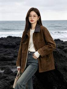 Jaket Kancing Depan Bahan Suede Beludru Gaya Gudang Vintage Maillard Warna Cokelat, Kasual untuk Kantor, Sehari-hari, Musim Dingin - Coffee Brown - View 8