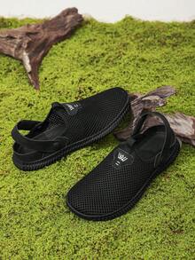 Men's Solid Color Mesh Sandals With Microfiber Splicing Hollow Upper And Adjustable Back Strap, Suitable For Commuting, Travel, Driving And Daily Wear In Summer - Black - View 3