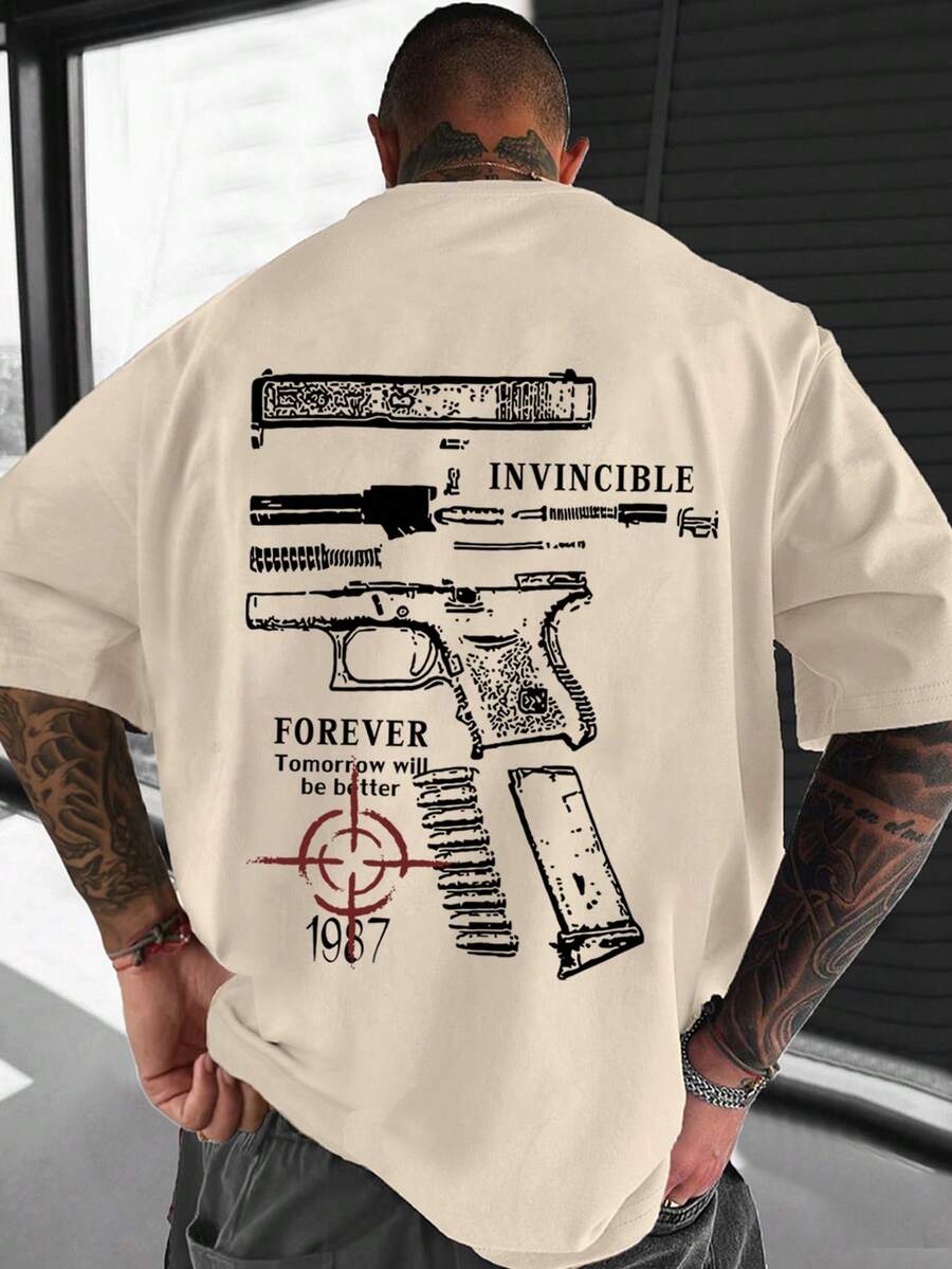 男士圓領短袖幾何對稱圖案休閒極簡風T恤，標準版型 - 卡其色 - 卡其色 - 查看 1