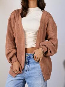 Women's Knitted Cardigan Coat Puff Sleeve Elegant Casual Nude - 新米色 - 查看 2