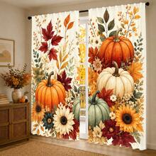 2 Stück Herbst-Erntedekoration Vorhänge, heller Kürbis- & Sonnenblumen-Muster, lichtdurchlässiger Stoff, Wohnzimmer Schlafzimmer Küche Fensterdekoration, Herbst-Heimdekoration - Verschiedenfarbig - Übersicht 10
