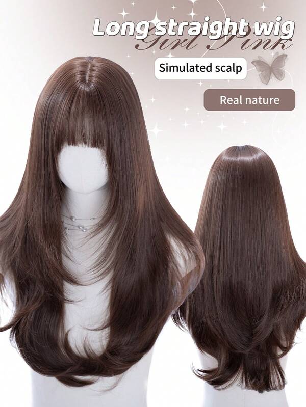 alicegarden 26-Inch Long Synthetic Wig Featuring A Natural Straight Style A Stunning Coffee Brown. Designed With Bangs , This False Hairpiece Is Perfect For Ms Daily Party Cosplay Use, Offering A Natural And Natural Durable Wig Gift For Ladies.