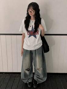 Y2K復古風女款夏季新款休閒純棉破舊五角星與字母印花短袖T恤上衣 - 淺花灰 - 查看 3