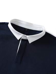 Men's Contrast Collar Short Sleeve Polo Shirt, Loose Button Front Design, Suitable For Casual, Business And Daily Wear - Navy Blue - View 4
