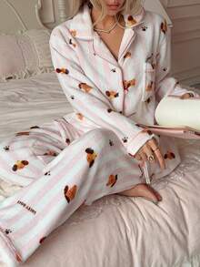 2pcs/Set Women's Winter Striped Puppy Pattern Plush Thickened Thermal Lined Lapel Long Sleeve Top And Long Pants Pajama Set - Pink - View 6