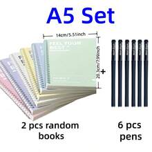 (2本筆記本 + 6支筆) 組合包 極簡風 A5/B5 硬殼螺旋筆記本，122頁 A5尺寸螺旋活頁本，白色硬封面，可撕頁設計，隨機顏色，適合辦公、學習、日記、封面設計，堅固裝訂，學校用品 - 筆記本套裝 - 查看 2