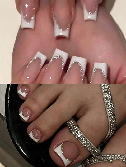 48 Pcs French Nail Sticker Set, Including 24 Pcs Medium Length Square Press-On Nail Stickers And 24 Pcs Toe Nail Stickers, Silver Glitter White French Style, Short Full Cover Glossy Fake Nail Set, With 2 Jelly Gels And 1 Nail File, Suitable For Daily