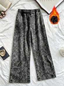 Women's "California Butterfly Rose" Print Washed Thermal Lined Distressed Drawstring Pants, Street Style, High Turn-Back Rate, Suitable For Autumn And Winter - Black - View 4