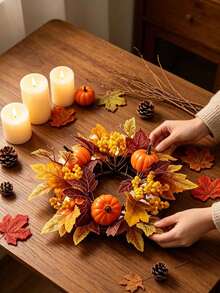 51pcs/Set Halloween/Autumn Maple Leaf Candle Ring Decoration. Artificial Maple Leaf Set, Candle Wreath, Autumn Tabletop Decor, Halloween And Thanksgiving Centerpiece, Harvest Festival Party Styling, DIY Autumn Wedding Tabletop Decoration. - A - View 7