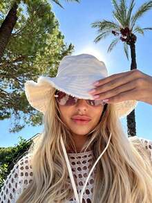 1pc Women's Drawstring Decor Bucket Hat, Adjustable Chin Strap Design, Distressed Effect, Soft Fabric, Sun Protection, Windproof, Fashionable And Versatile, Suitable For Travel, Beach, Vacation And Daily Casual Wear, Elegant And Stylish. - A - View 13