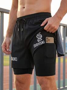 Men's Sports Shorts | Inner Phone Pocket, Back Waist Towel Loop | For Gym Workout, Running Training & Outdoor Activities - Black - View 2