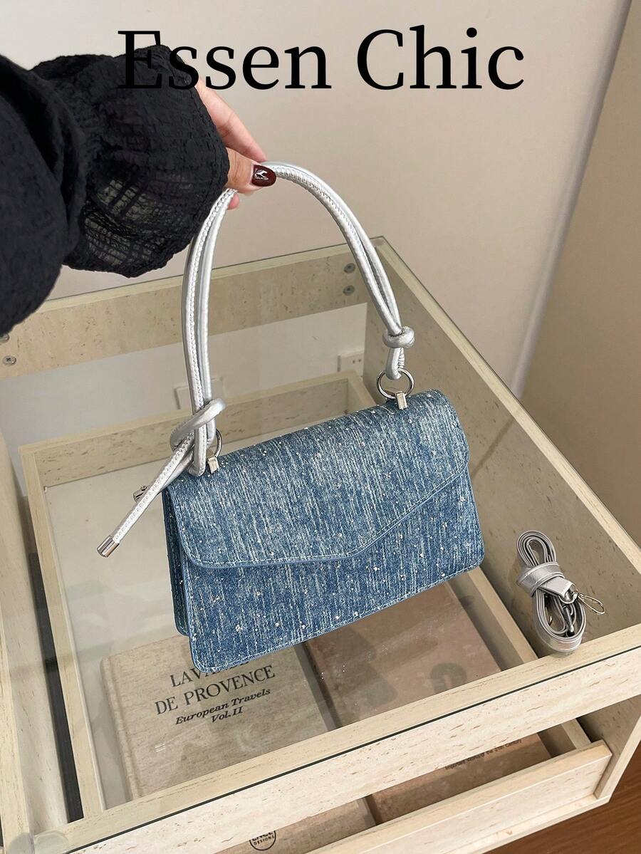 1 pieza Bolso de mano cuadrado pequeño de lona color azul sólido para mujeres - azul real - Ver 1