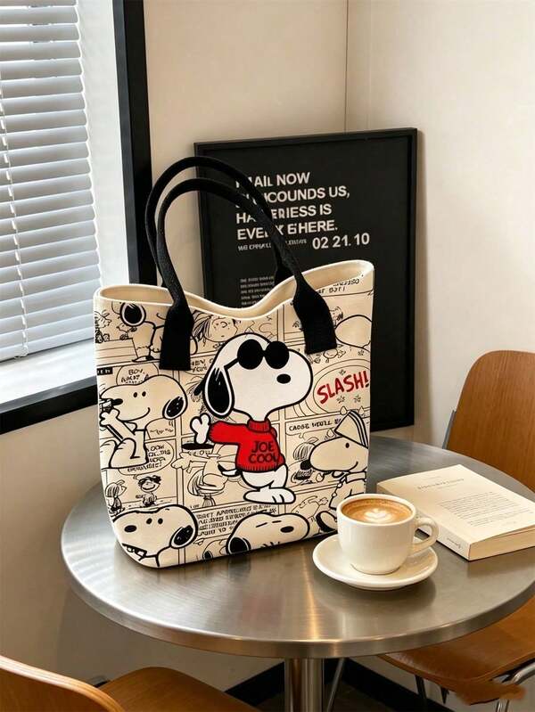 1pc Snoopy Print Yellow Canvas Tote Bag, Large Capacity, Suitable For Travel, Shopping And Daily Life, Ideal Gift For Birthday, Valentine's Day, Back To School And Graduation Season