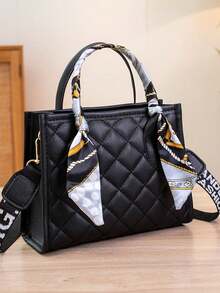 2026 Elegant Women's Handbag Embroidered Rhombus Tote Bag Premium Shoulder Crossbody Square Bag Scarf Decor Large Capacity Commuter Style Gift For Her - Multicolor - View 1