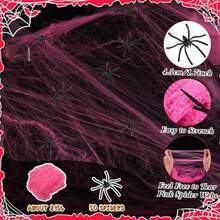1 Set Halloween New Pink Spider Cotton Scene Decoration Spider Web Pink Spider Web Haunted House Prop Cotton - A - View 7