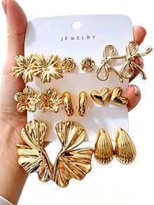 4-8 Paar Ohrringe Set in Goldoptik für Damen, von strukturiertem Metall bis hin zu 3D Blumendesigns, jedes Paar hat eine feminine Note, matte und glänzende Oberflächen kombinieren sich, um Ihren Look sofort aufzuwerten, geeignet für den täglichen Gebrauch oder glanzvolle Anlässe, hochwertiges Schmuckstück, das für stilvolle Damen unverzichtbar ist - Gold - Übersicht 9