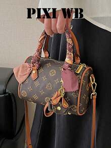 Letter Print Mini Boston Handbag, Cowhide Trim With Scarf Wrapped Handle, Pink Bow, Suitable For Daily Commute And Dating Outings - Brown - View 4