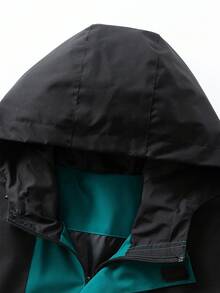 Women's Black & Dark Green Colorblock Hooded Jacket, Adjustable Drawstring Hood, Front Zipper Outdoor Hiking Sports Jacket - Dark Green - View 8