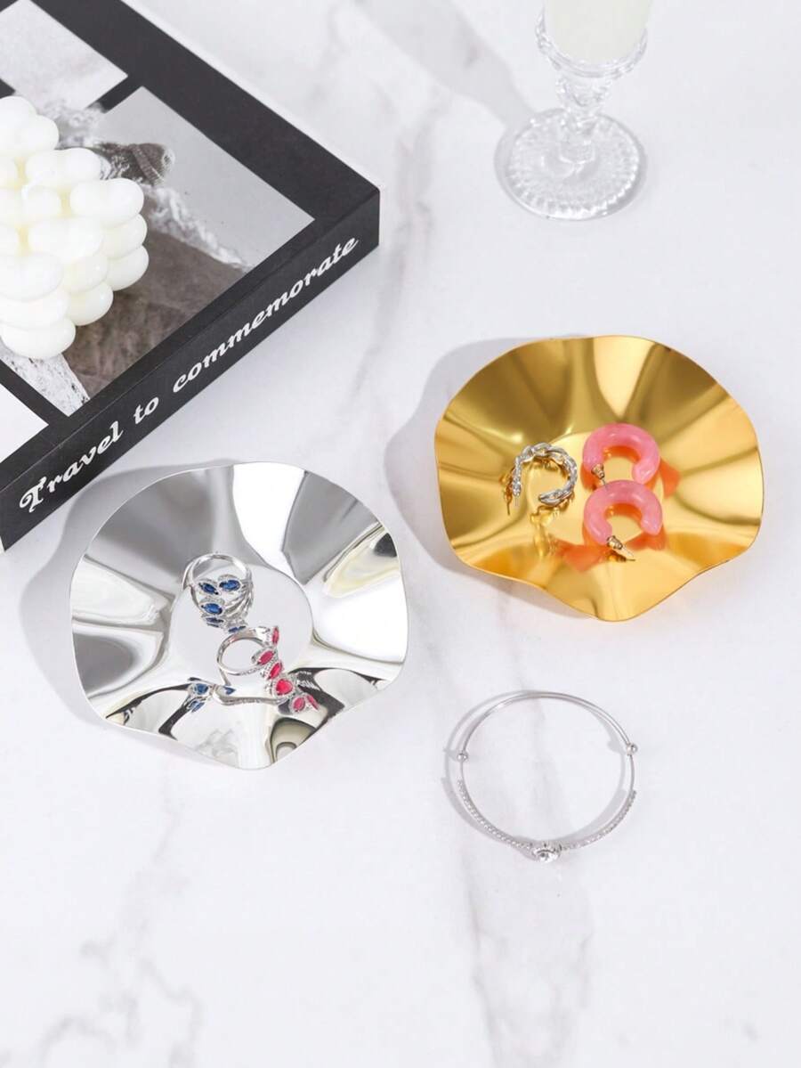 1PC Irregular Wavy Metal Jewelry Tray, Gold Silver Glossy Decorative Trinket Dish, Small Storage Plate For Rings, Earrings, Necklaces, Cosmetics, Vanity Table Decor - Multicolor - View 1
