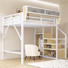 Loft Bed 140x200 With Flexible Storage, Metal Bed Adult Bed Children's Bunk Bed White - White - View 5