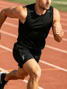 Men's Basic Solid Color Sleeveless Tank Top & Drawstring Bermuda Shorts Set, Sports Black - Black - View 6