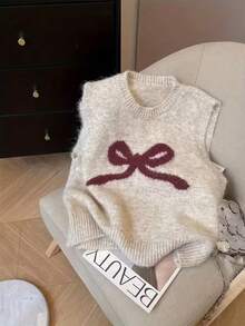 Plus Size Women's Knit Bow Decor Sleeveless Knit Sweater Vest Plus Size Loose Layered Winter Pullover - Apricot - View 8