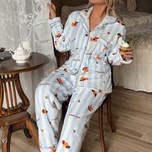 2pcs/Set Women's Winter Striped Puppy Pattern Plush Thick Thermal Lined Lapel Cardigan Long Sleeve And Long Pants Pajama Set - Blue and White - View 7