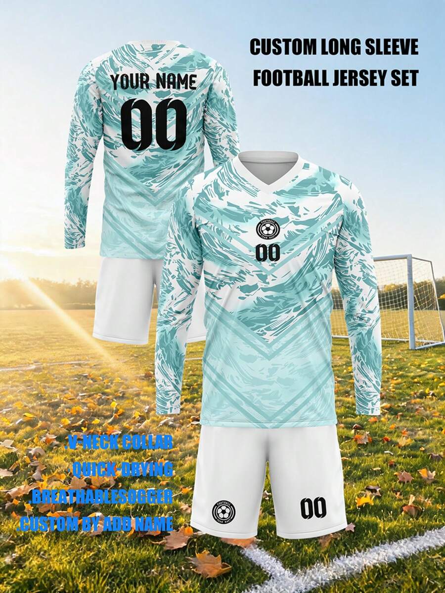 2026 Autumn/Winter V-Neck Long Sleeve Football Jersey Set, Quick-Dry Training Wear, Customizable Name Number LOGO Print Men's Team Match Gear Sports - Multicolor - View 1