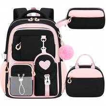 3pcs Contrast Color Heart Embroidery Girls Backpack With Pom Pom Charm, Matching Lunch Bag And Pencil Case Set - Sets - View 11
