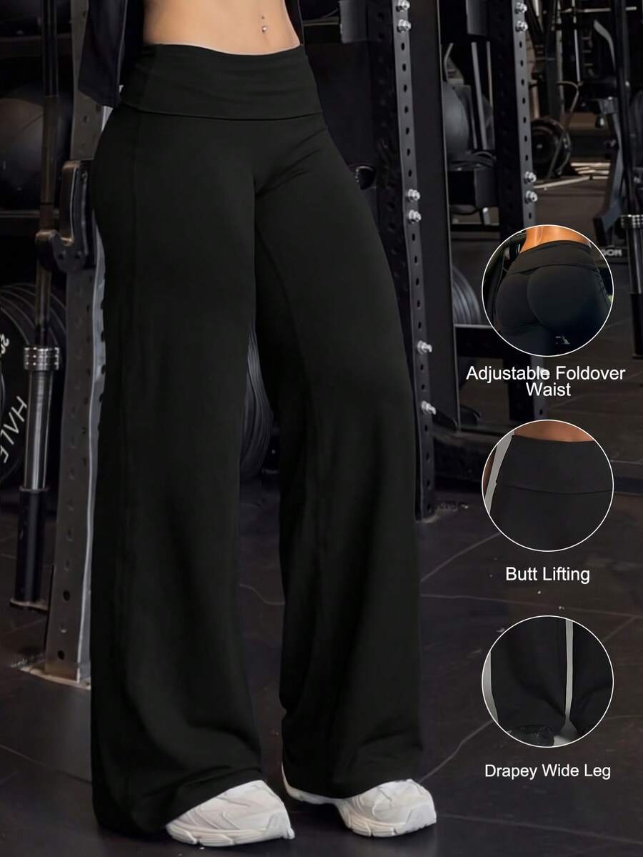 Foldable High-Waist Wide Leg Sports Pants, Loose Draped Casual Yoga Pants, Non-See-Through