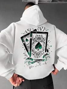 Men's Ace Of Spades Poker Card Back Print Hoodie, Vintage Poker Streetwear Loose Fit Pullover - White - View 3