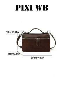 Coffee Two-Tone Suede PU Mini Box Handbag, Double Zipper Closure Short Top Handle, Small Rectangular Boston Clutch Purse Daily Commute Office Outfits - Coffee - View 2