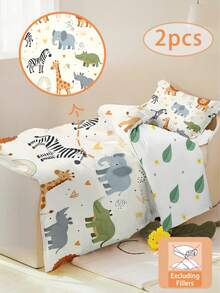 2pcs Safari Jungle Animal Toddler Bedding Set, Cute Cartoon Lion Elephant Giraffe Duvet Cover Set, Suitable For Boys And Girls Bedroom Decor - Multicolor - View 4