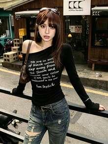 1pc Women's Off-Shoulder Long Sleeve T-Shirt, Slim Fit Flattering Knit Top, Autumn - Black - View 1