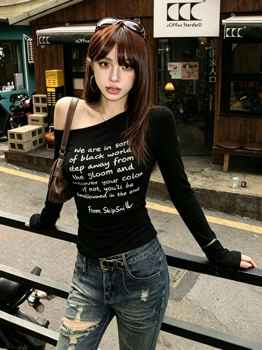 1pc Women's Off-Shoulder Long Sleeve T-Shirt, Slim Fit Flattering Knit Top, Autumn - Black - View 1