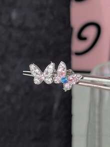 1pc New Fairy-Style Pink & White Butterfly Cartilage Ear Stud, Exquisite & Dynamic Niche Design, Rhinestone-Embellished Fashion Versatile Ear Cuff For Women - Multicolor - View 1