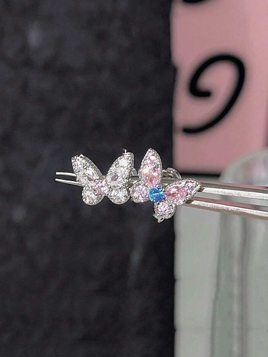 1pc New Fairy-Style Pink & White Butterfly Cartilage Ear Stud, Exquisite & Dynamic Niche Design, Rhinestone-Embellished Fashion Versatile Ear Cuff For Women - Multicolor - View 1