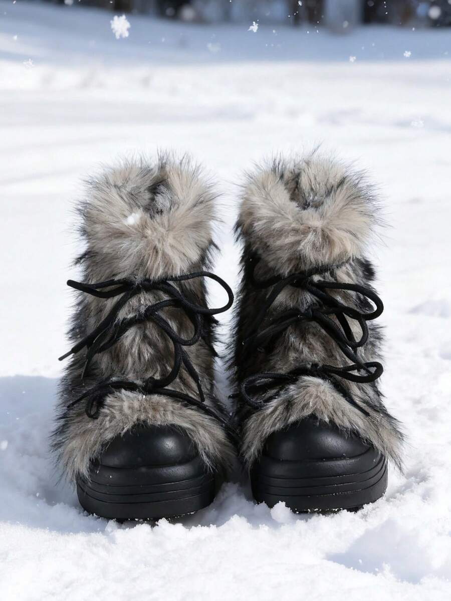Women's Platform Snow Boots Lace Up Faux Fur High Top Boots Retro Winter Warm Chunky Sole Mid Calf Boots - Grey - View 1