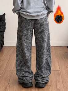 Women's "California Butterfly Rose" Print Washed Thermal Lined Distressed Drawstring Pants, Street Style, High Turn-Back Rate, Suitable For Autumn And Winter - Black - View 2