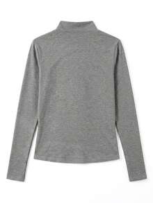 Women's Solid Color Mock Neck Long Sleeve T-Shirt, Slim Fit Elastic Slimming Top, Simple Versatile Daily Base Layer Casual - Dark Grey - View 6
