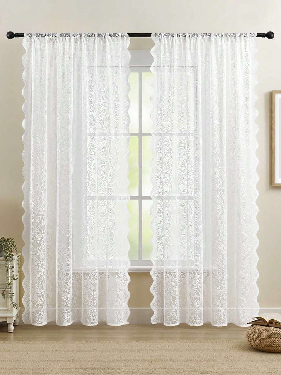 1pc/2pcs Embroidered Sheer Curtains, Floral Leaf Pattern, Rod Pocket, UV Protection, Breathable, Transparent, Polyester, Rod Pocket, No Lining, For Living Room, Bedroom, Dining Room - White - View 1