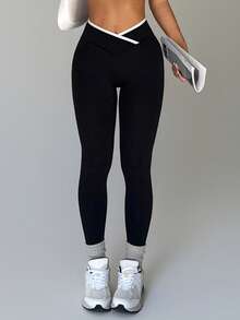 Women's Contrast Color V-Cross Waist Butt-Lifting Yoga Leggings, High Waist Tummy Control Elastic Compression Workout Pants Sports Black - Black - View 5