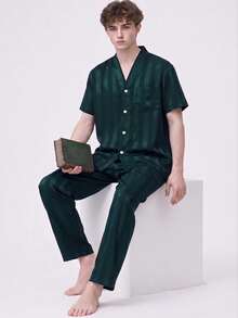 2pcs/Set Men's Pajamas Summer Short Sleeve Long Pants Satin Green Striped Casual Comfortable Spring Autumn Sleepwear Fashionable Homewear Outfit - Green - View 3