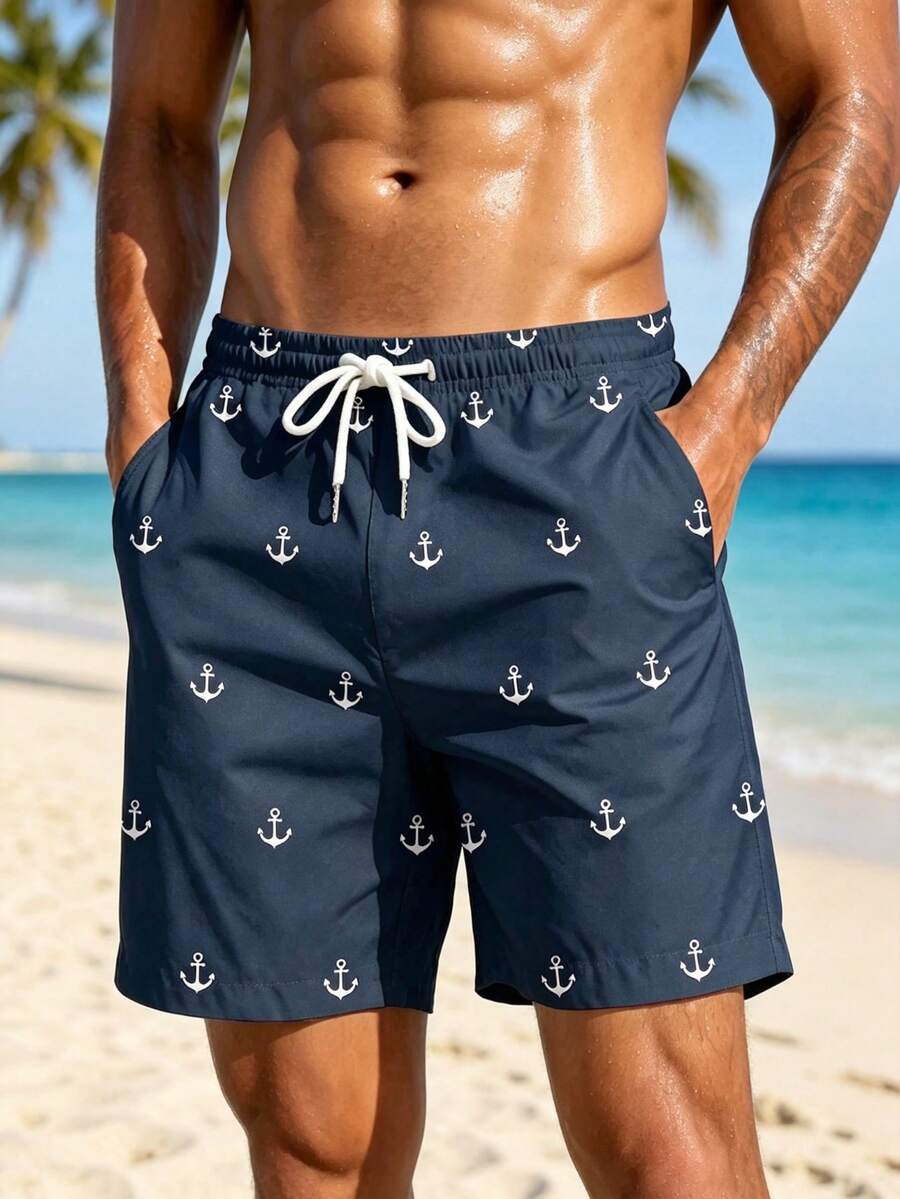 Quần short đi biển, đi nghỉ hàng ngày, in kỹ thuật số 3D Ocean Element dành cho nam, có dây rút, một lớp không lót, phong cách Hawaii
